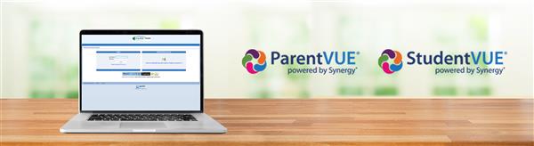 Computer on a desk with the ParentVUE and StudentVUE logo.